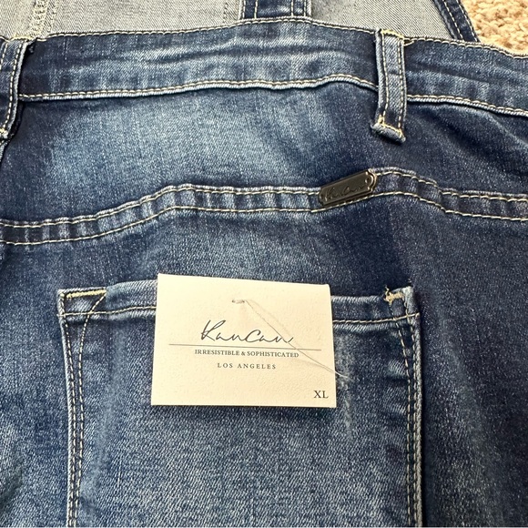 NWT KanCan Distressed Denim Overalls Size XL Dark Wash Jeans Open Back - Picture 7 of 10